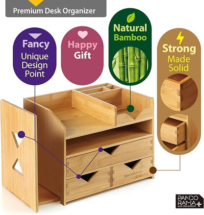 Pandorama Bamboo Desk Organizer with Adjustable File & Book Holder, Large 4Tier Dektop Storage for Office, A4 Full Size Drawer, No Assembly Required,Kitchen and Bedroom