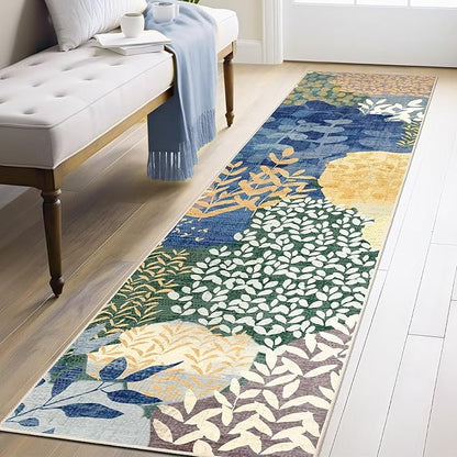 DEXDE Runner Rug 2x8 Washable Hallway Boho Soft Area Rugs Abstract Long Non Slip Leaves Floral Vintage Floor Carpet for Entryway Kitchen Laundry Bathroom Bedroom,Blue