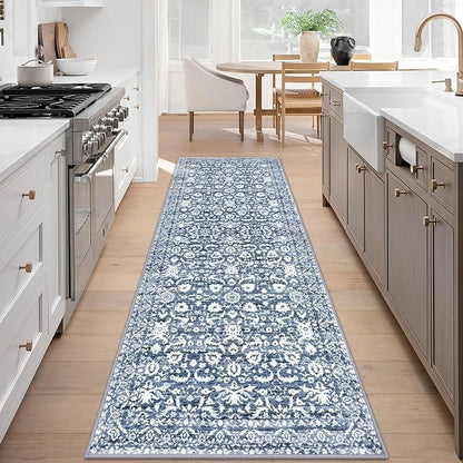 Vintage Runner Rug 3x8, Light Blue White Washable Kitchen Runner Non-Slip Soft Hallway Rug Runner Thin Print Faux Wool Carpet for Entryway Bedroom Laundry Room Indoor Home Office Decor