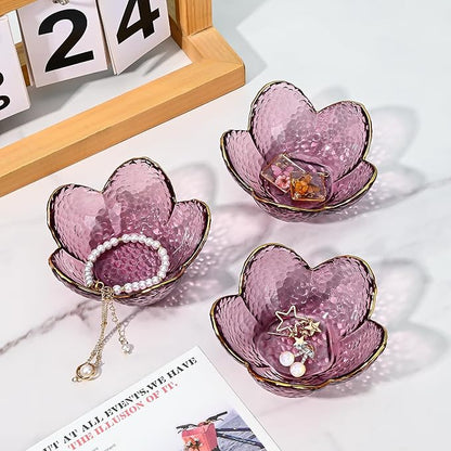 Koythin 2-Piece Glass Jewelry Tray, Small Trinket Holder for Necklace Bracelet Earring, Ring Holders for Bathroom, Aesthetic Trinket Dish, Flower Nightstand Decor for Girl Mom (Purple)