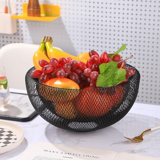 IBWell Metal Wire Woven Fruit Storage Bowl Basket for Kitchen, Large Black Mesh Fruit Stand, for Apple, Pineapple, Banana, Orange, Lemon, Pear, Strawberry, Watermelon (Black, Nomal)