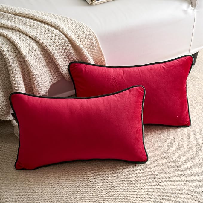 LIGICKY Set of 2 Christmas Red Velvet Lumbar Pillow Covers Modern Minimalist Style Solid Decorative Dark Green Rope Edging Soft Rectangle Cushion Cases for Sofa Bedroom Party Décor, 12 x 20 inch