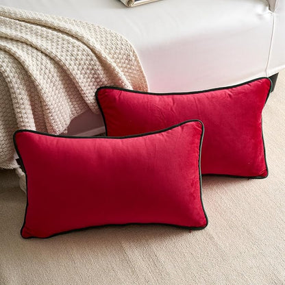 LIGICKY Set of 2 Christmas Red Velvet Lumbar Pillow Covers Modern Minimalist Style Solid Decorative Dark Green Rope Edging Soft Rectangle Cushion Cases for Sofa Bedroom Party Décor, 12 x 20 inch