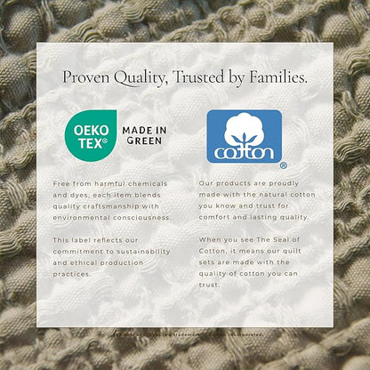 Great Bay Home King Size Green 100% Cotton Honeycomb Waffle Quilt and Sham Set - Garment Washed, Waffle Weave Like Texture, Lightweight 3-Piece Bedding Set (Eucalyptus Green)