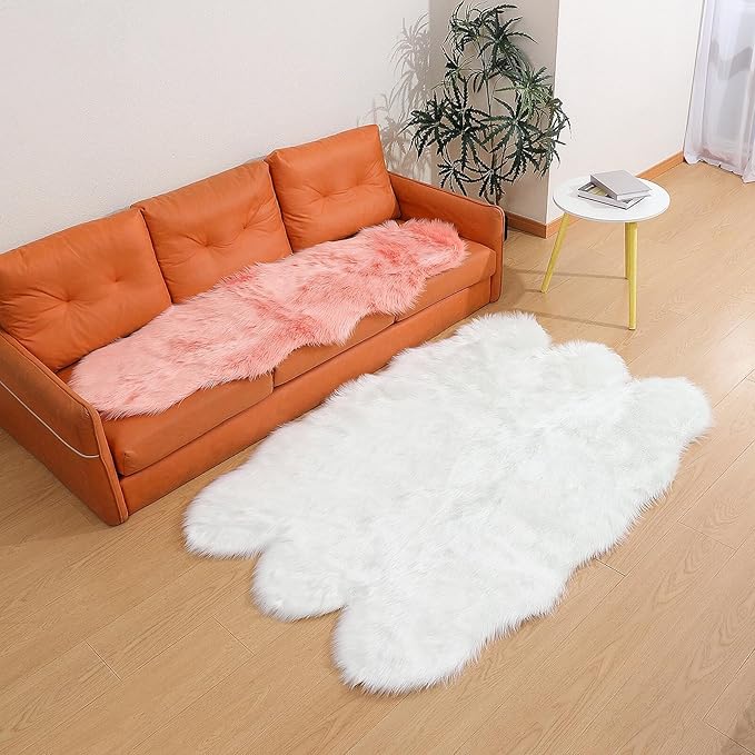 Faux Fur Rug Sheepskin Shag Fluffy Fuzzy White 4x6 ft Rugs for Bedroom Bedside Bed Floor Living Room Plush High-Density Cushion Carpet Super Sofa Cover