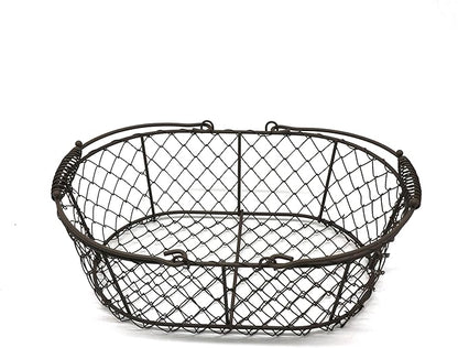CVHOMEDECO. Oval Metal Wire Egg Basket Wire Fruit Basket with Handle Primitives Vintage Style Storage Basket. Rusty, 11 X 7-1/4 X 3-1/2 Inch