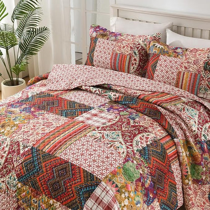 Cotton Bedspread Quilt Sets Reversible Bedding Coverlet Sets 3 Pieces Gorgeous Vintage Damask Red Patchwork Bedspread, King Size