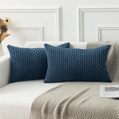 Kevin Textile 12x20 Inch Pillow Cover 1 Pack Boho Decorative Soft Striped Corduroy Lumbar Farmhouse Solid Color Accent Rectangle Cushion Case for Living Room Couch Sofa Bed, Blue