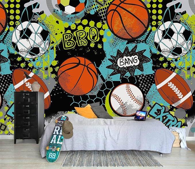 AFZEVEB-Colorful Graffiti Wallpaper Hand-Painted Ball Wall murals for Kids Room 159"x107"(Not Peel and Stick)