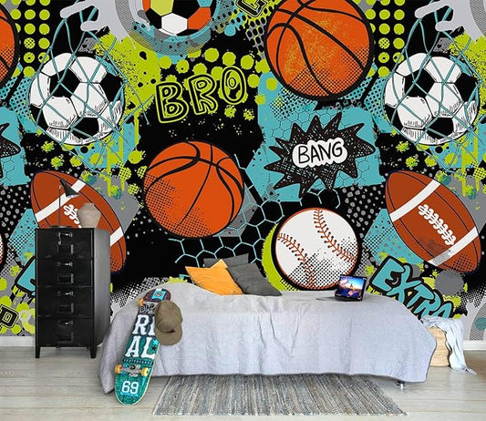 AFZEVEB-Colorful Graffiti Wallpaper Hand-Painted Ball Wall murals for Kids Room 159"x107"(Not Peel and Stick)