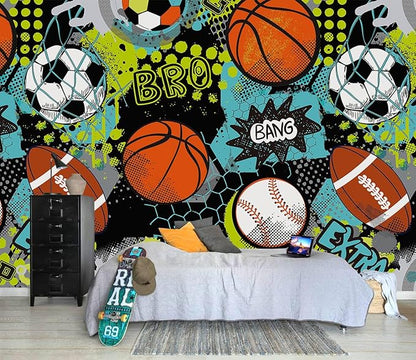 AFZEVEB-Colorful Graffiti Wallpaper Hand-Painted Ball Wall murals for Kids Room 114"x74"(Not Peel and Stick)