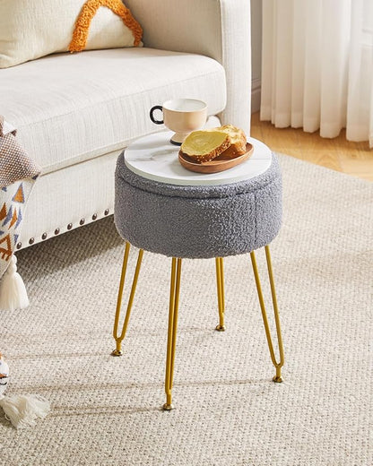 IBUYKE Teddy Velvet Storage Footrest Stool Ottoman, Makeup Vanity Stool Side Table with Removable Cover, Golden Steel Legs, Coffee Table Top Cover, Gray WBD010G