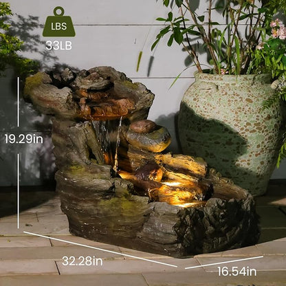 23.62" L Outdoor Water Fountain with 3 Tiers Cascading Realistic Tree Trunk Waterfall Fountains with LED Lights Outdoor Water Fountain for Garden Patio Backyard Porch Home Decor