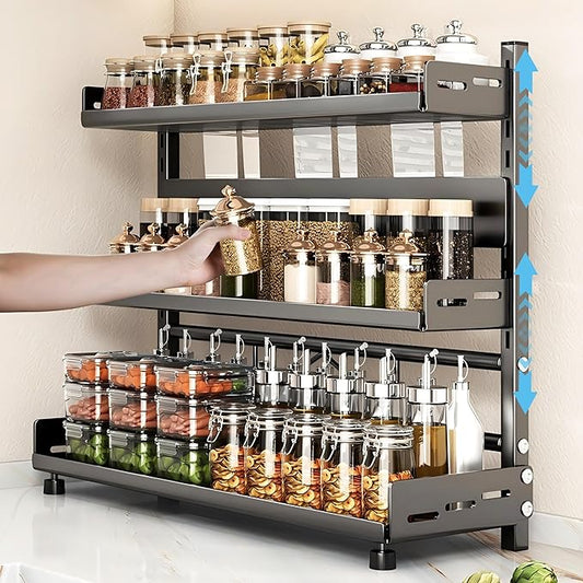 Spice Rack Organizer, 3-Tier Height-Adjustable Kitchen Countertop Spice Organizer Shelf, Metal Rust-Proof Standing Large Seasoning Organizer with Guardrail & Knife Block for Kitchen Bathroom
