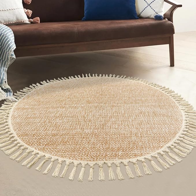 Collive Hand Woven Round Area Rug Soft Cotton Machine Washable Carpet 4ft Farmhouse Rugs with Tassels, Tan/Cream Circle Rugs for Bedroom Living Room Dining Room Table Office