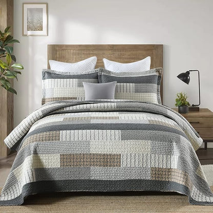Quilts Queen Size, Queen Quilt Bedding Set Bedspread, 100% Cotton Patchwork Quilt for Queen Bed, 3 Pieces Plaid Farmhouse Reversible Lightweight Comforter Bed Spread, Grey/Tan/Black