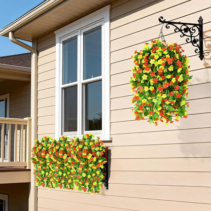 Artificial Fake Hanging Flowers for Outdoors, 2 Pcs Artificial Hanging Plants Outdoors Spring Summer Decor, UV Resistant Faux Violet Silk Flowers for Planters Front Door Yard Garden(Orange Yellow)