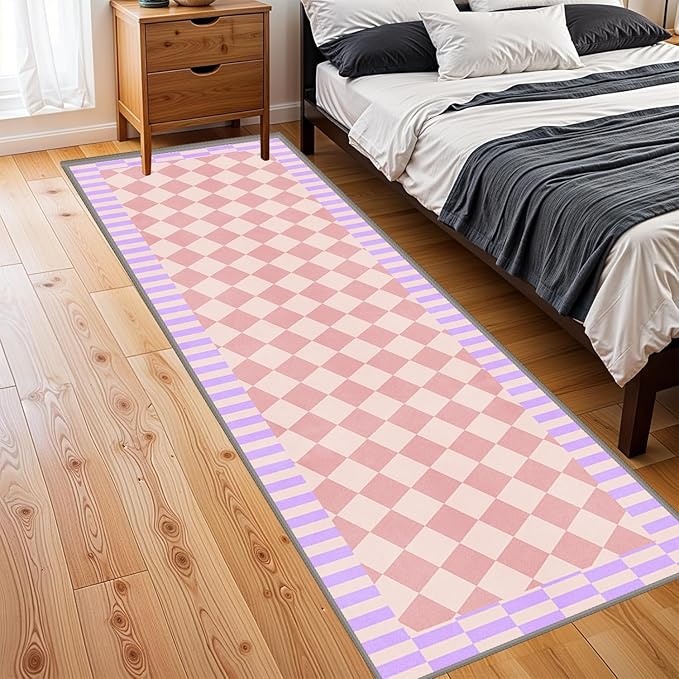 Pink Checkered Long Hallway Rug Runners, 2.6x10ft, Cute Girly Purple Geometric Design Bedroom Carpets for Girls, Fade Resistant Durable Pet Friendly Easy Clean Carpet for Indoor Porch