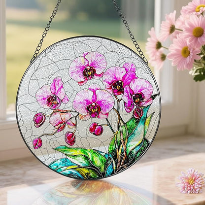 8-Inch Stained Glass Ornament, Stained Glass Window Hanging, Window Hanging Decor Suncatcher, Orchid Flower Ornament | Christmas, Mother's Day, Birthday | Gifts for Mom & Grandma, Flower Lover Gift