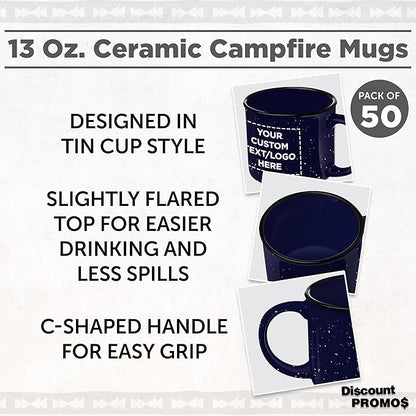 DISCOUNT PROMOS Custom Ceramic Campfire Coffee Mugs 13 oz. Set of 50, Personalized Bulk Pack - Perfect for Tea, Espresso, Cappuccino, Hot Cocoa - Blue