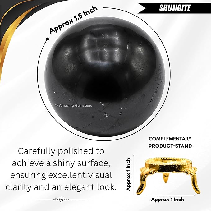 Amazing Gemstone Shungite Crystal Ball with Stand - 1.5 Inches Crystal Sphere Meditation Balls for Witchcraft and Decorative Balls