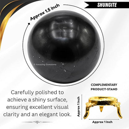 Amazing Gemstone Shungite Crystal Ball with Stand - 1.5 Inches Crystal Sphere Meditation Balls for Witchcraft and Decorative Balls