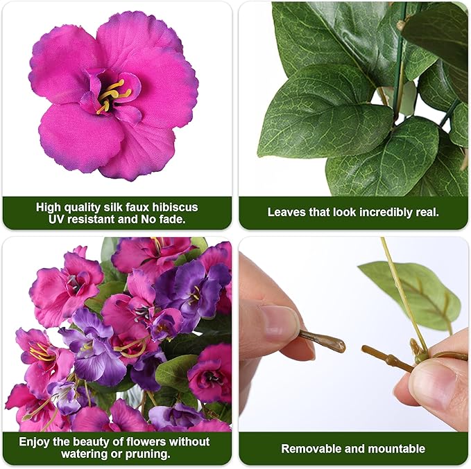 Fake Hibiscus Artificial Hanging Flowers Plants for Outdoors Spring Decoration, 4pcs Silk Hibiscus Vines Realistic UV Resistant Faux Flowers for Outside Planter Porch Patio Yard Wedding Party, Mix