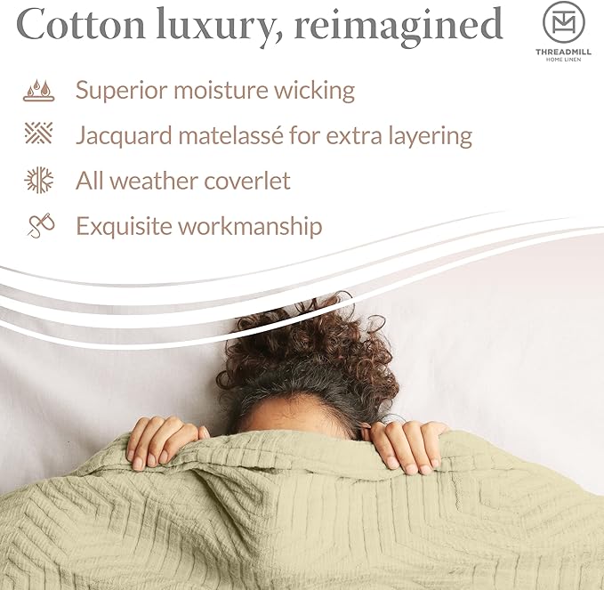 Threadmill Luxury Cotton Blankets for Queen Size Bed | All-Season 100% Cotton Queen Size Blanket | Aster Cozy Lightweight, Soft Breathable Coverlet fits Full Size Bed, 90x92 | Sage Green
