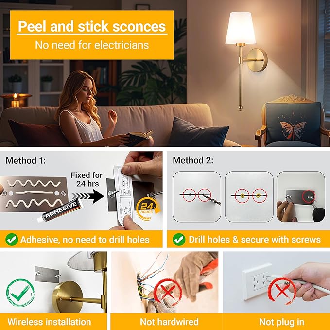 Battery Operated Wall Sconce: Peel and Stick Adhesives Stick On Non Drill Wall Light, Rechargeable Wireless Wall Lamp with Battery Corn Bulb for Bedroom Wall Decor (Gold,20inch)