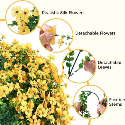 Yellow Fall Artificial Flowers for Outdoors Decorations, 12 Bundles Faux Fall Mums Flowers, UV Resistant Realistic Silk Daisy with Eucalyptus for Home Decor Garden Planters Patio Yard Balcony