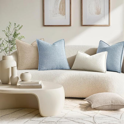 MIULEE Pack of 2 Decorative Textured Boucle Throw Pillow Covers 18x18 Inch Light Blue Broadside Thick Coastal Boho Pillows for Farmhouse Accents Sofa Couch Bedroom Living Room Home Decor