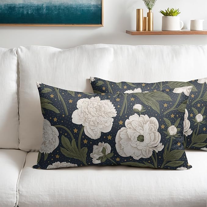 Vitage Floral Lumbar Pillow Covers 12x20 Set of 2 Navy Blue Chinoiserie Pattern Rustic Spring Flower Decorative Outdoor Farmhouse Pillowcases Decorations Throw Cushion Cover Decor for Couch Sofa Bed