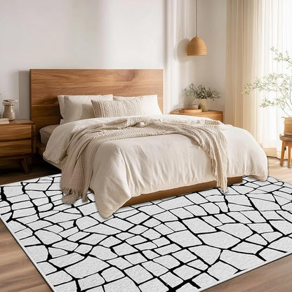 Black and White Area Rug, Abstract Rug 7x10, Contemporary Minimalist Rugs, Geometric Cracks Area Rugs, Modern Geometric Carpet for Living Room, Washable Non Slip Home Decor Mat