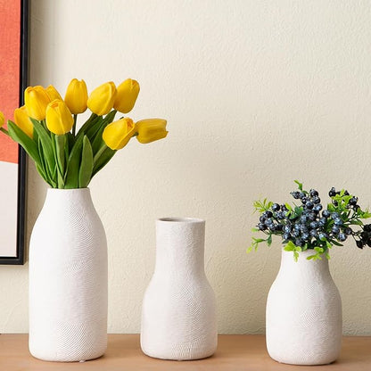 Decorative White Ceramic Vase Set for Modern Boho Home Decor – Set of 3 Textured Pottery Vases for Dried Flowers, Pampas Grass, Living Room, Shelf, or Entryway Display