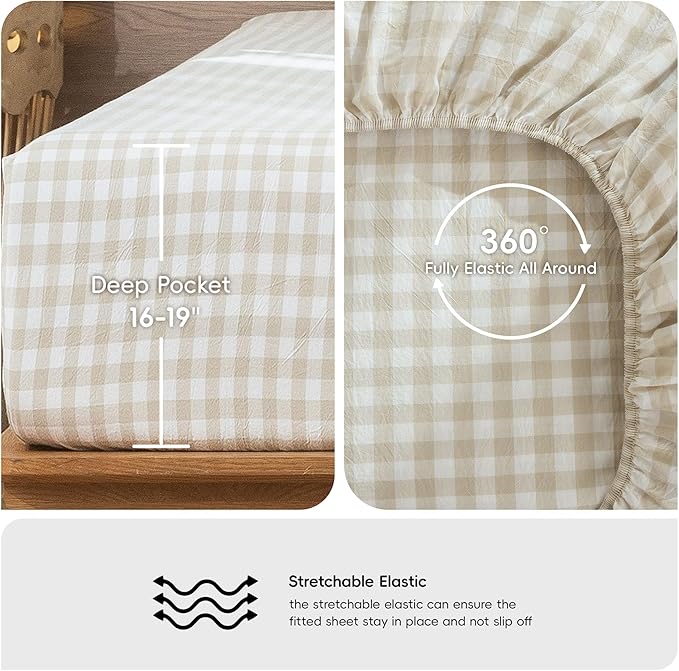MooMee Gingham Sheet Set 100% Washed Cotton Linen Like Textured Breathable Soft w/ Fully Elasticized 16-19" Deep Pocket (Classic Gingham Almond Milk Grey, Queen)