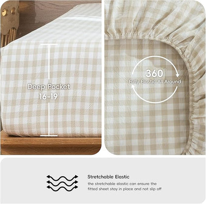 MooMee Gingham Sheet Set 100% Washed Cotton Linen Like Textured Breathable Soft w/ Fully Elasticized 16-19" Deep Pocket (Classic Gingham Almond Milk Grey, Queen)