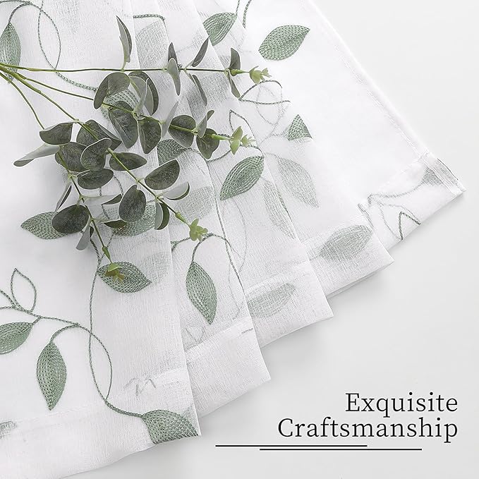 Tollpiz Sage Green Leaf Sheer Curtain Leaves Embroidered Living Room Curtains Rod Pocket Voile Window Treatment for Bedroom, 54 x 72 inches Long, Set of 2 Panels