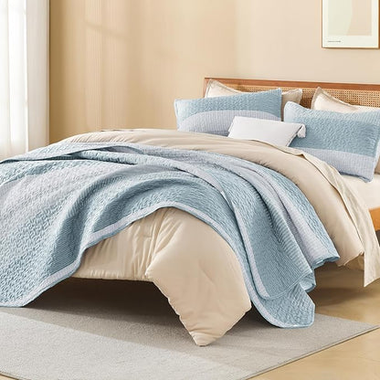 Litanika California King Quilt Set Spa Blue - Cal King Oversized Stripe Comforter Bedspreads & Coverlets - Soft Lightweight Quilted Bedding Set for All Season(1 Quilt, 2 Pillowcases)