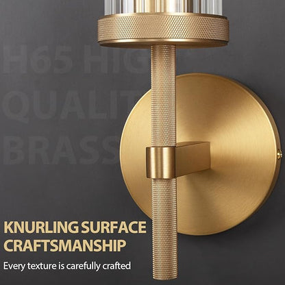 19.5" Knurled Brass Wall Sconce with Vertical Striped Glass Tube, Gold Bathroom Vanity Light Fixtures, Modern Lamp Lighting for Bedroom, Living Room, Hallway, Staircase, Mirror, Kitchen
