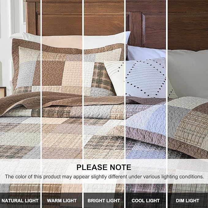 100% Cotton King Bedspread 128"x120", Oversized Quilt Bedspread Coverlet Set, Farmhouse Plaid Patchwork Pattern, Reversible Quilted Bedding Set, 3 Pieces, Khaki/Gray/Brown