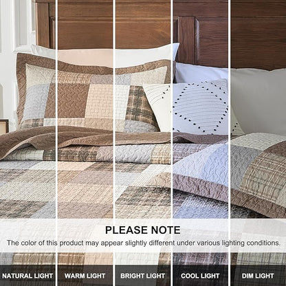 100% Cotton Queen Bedspread 120"x102", Oversized Quilt Bedspread Coverlet Set, Farmhouse Plaid Patchwork Pattern, Reversible Quilted Bedding Set, 3 Pieces, Khaki/Gray/Brown