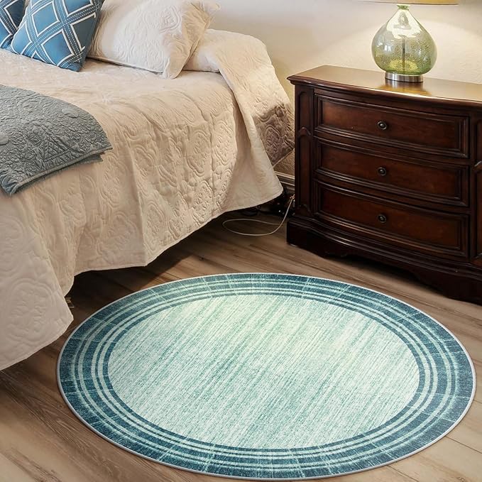 Lahome Abstract Round 4ft Entryway Rug, Washable Teal Entry Rugs Non Slip Circle Kitchen Carpet, Minimalist Border Dining Room Rug Indoor Room Carpet for Under Chair Coffee Table Entrance Mats
