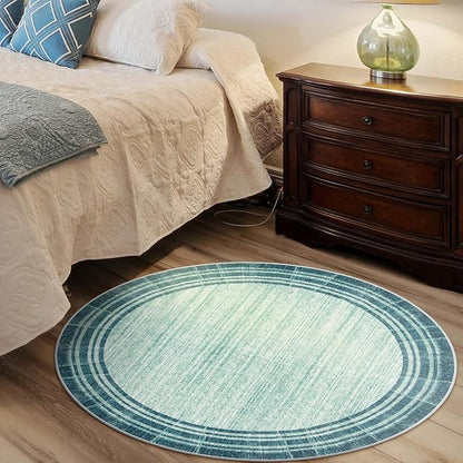 Lahome Abstract Round 4ft Entryway Rug, Washable Teal Entry Rugs Non Slip Circle Kitchen Carpet, Minimalist Border Dining Room Rug Indoor Room Carpet for Under Chair Coffee Table Entrance Mats