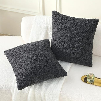 FUTEI Charcoal Throw Pillow Covers 22x22 Inch Set of 2,Furry Faux Fur Teddy Boucle Textured Cushion Covers,Soft Fluffy Decorative Pillow Case,Home Decor for Couch Bed Living Room Office Car