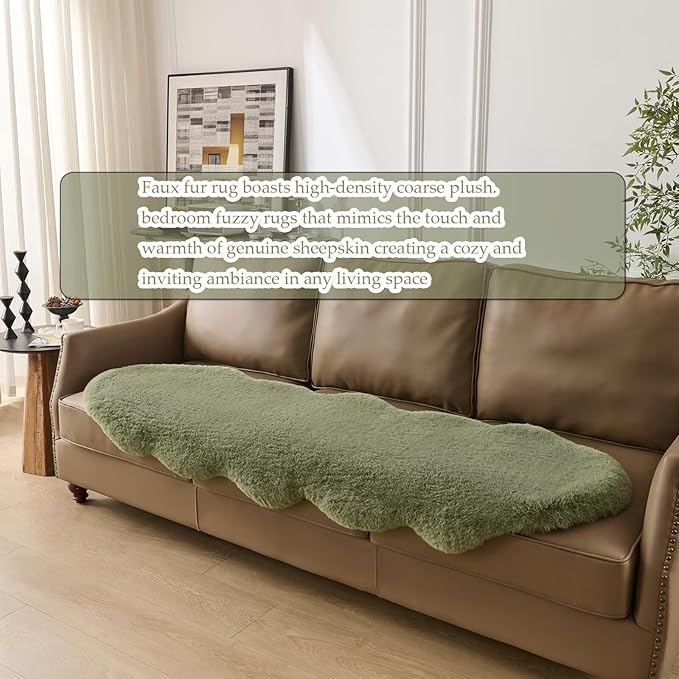 1700GSM Fuzzy Faux Sheepskin Fur Area Rug,Extra Soft Faux Fur Mat,Fluffy Shaggy Fur Rug for Bedroom Living Bedside Rug Room Decor-Sage Green, 2 x6 ft