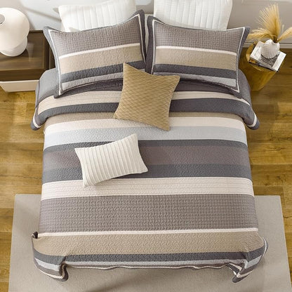 100% Cotton Quilts Queen Size, Queen Quilt Bedding Set Bedspread, Striped Quilt for Queen Bed, 3 Pieces Farmhouse Reversible Lightweight Comforter Bed Spread, Gray/Brown/Beige