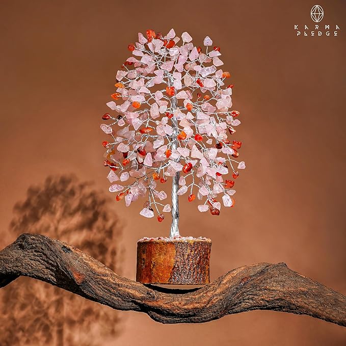 Healing Crystals Chakra Tree of Life for Positive Energy & Protection & Good Luck, Money, Feng Shui Decor for Home and Office Desk Decoration, Spiritual Gifts (Rose, Carnelian Dual Beads)
