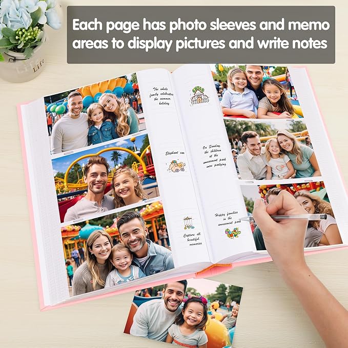 XFveiwoo Photo Album 4x6 450 Photos with Writing Space,4 x 6 Photo Book Linen Cover with Front Window, 4x6 Picture Album 450 Photos Photo Album Book for Wedding Kids Travel Family Baby Pictures, Pink