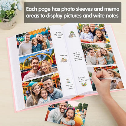 XFveiwoo Photo Album 4x6 450 Photos with Writing Space,4 x 6 Photo Book Linen Cover with Front Window, 4x6 Picture Album 450 Photos Photo Album Book for Wedding Kids Travel Family Baby Pictures, Pink