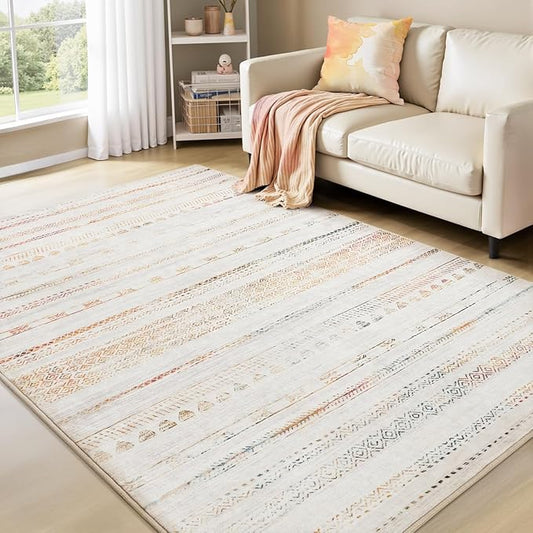 4x6 Area Rugs for Living Room Machine Washable Rug Distressed Indoor Carpet Neutral Moroccan Boho Rug Ultra Soft Area Rug for Bedroom Dining Room Playroom Office, Multi-Color